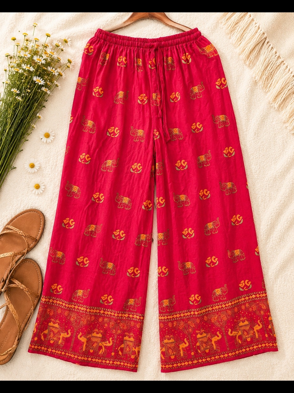 Boho Wide-Leg Cotton Pants in Red with Elephant Print Free Size M-L waist size?